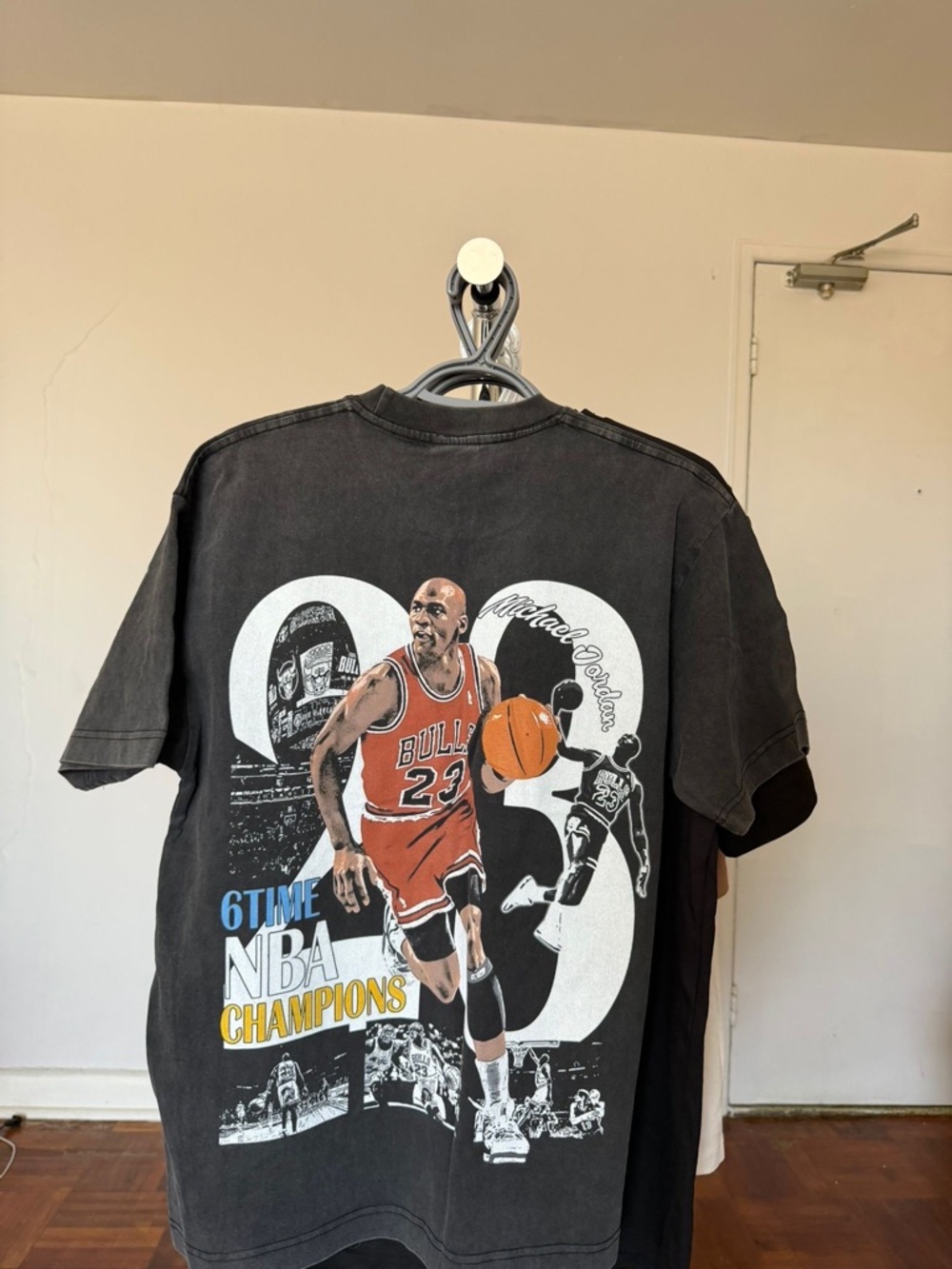 Black Graphic Basketball Tee with Red Accents - 6 Time NBA Champions